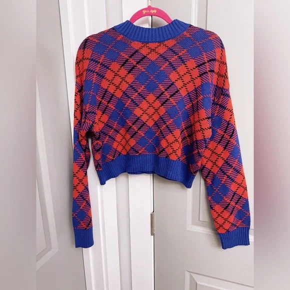 Forever 21 Red & Blue Plaid Cropped Chunky Knit Sweater Size Medium NWOT - Picture 3 of 4